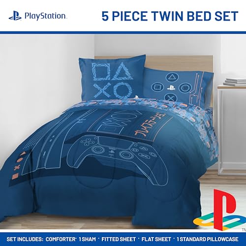 Image of Jay Franco Kids Bed Set, Blue, PlayStation, 5 Piece Twin | Cozy Soft Bedding for Stylish Room Decor with Comforter, Sheets & Pillow Covers