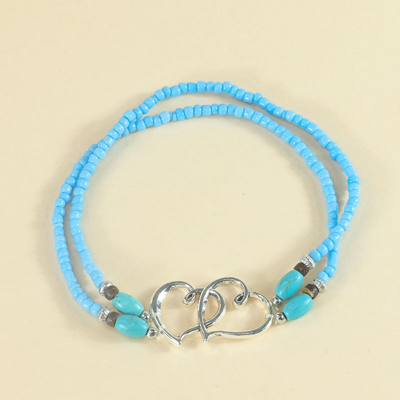 Image of Elastic Beaded Ankle Bracelets for Women Double Heart Layered Stretch Ankle Bracelets Waterproof Dainty Boho Beaded Anklets for Summer Beach Foot Jewelry
