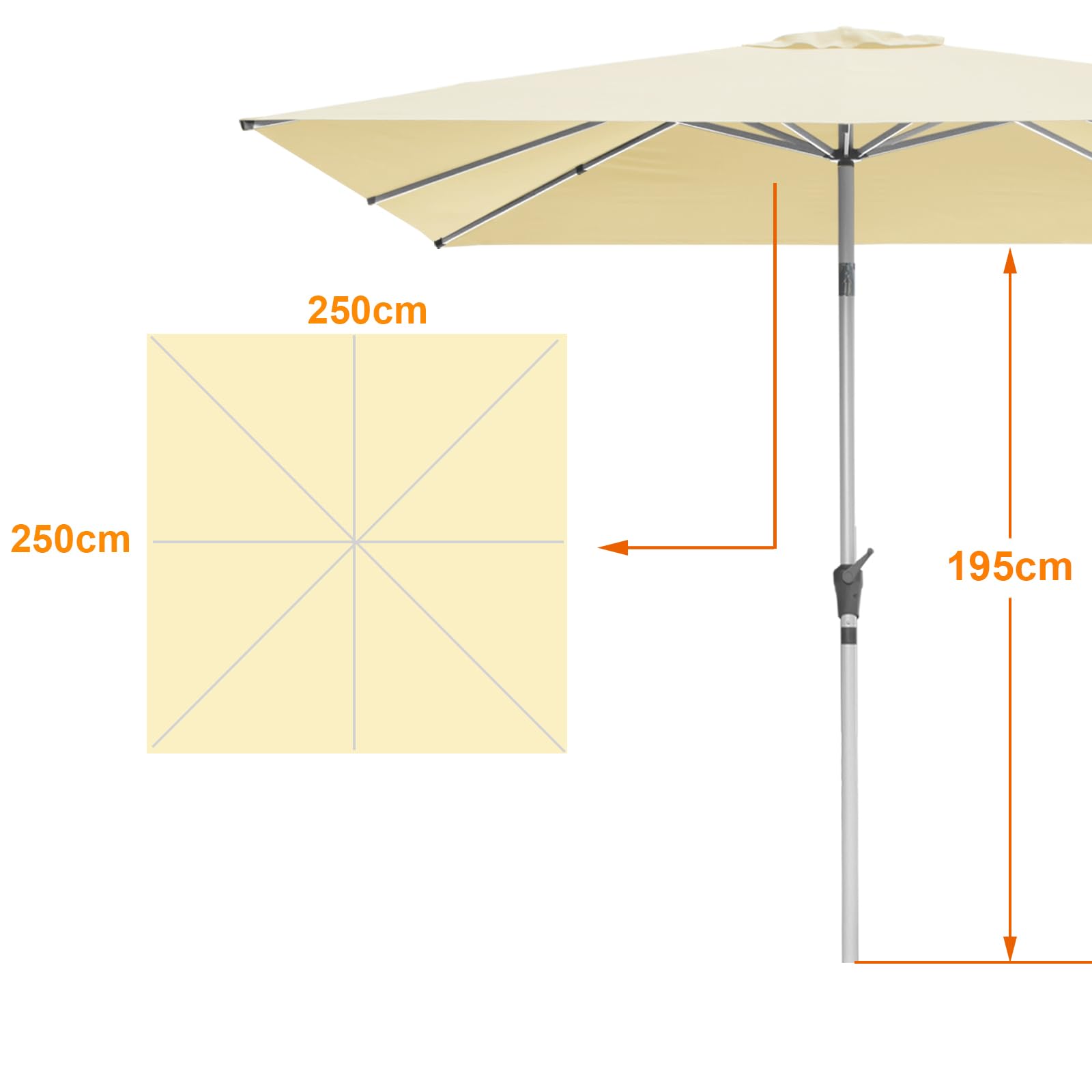 RANSENERS Sonnenschirm 250 x 250 cm, Quadratisch, 8 Streben, Beidseitig um 30° Knickbar, Kurbel öffnen & Schließen, UV50+, für Garten, Balkon, Terrasse, Cafe im Freien