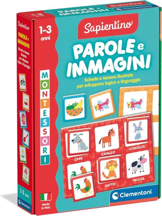 Clementoni Sapientino Montessori – Palabras e Imágenes, Juego Educativo para niños de 1 a 3 años, Flashcards para reconocer Animales, Alimentos y Objetos, estimula el lenguaje, Made in Italy, Idioma
