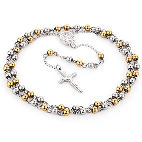 COTTVOTT Stainless Steel 6mm Beads Rosary Catholic Necklace Holy Medal & Crucifix 32inch(golden silver tone) by COTTVOTT - Used condition - US$7.99