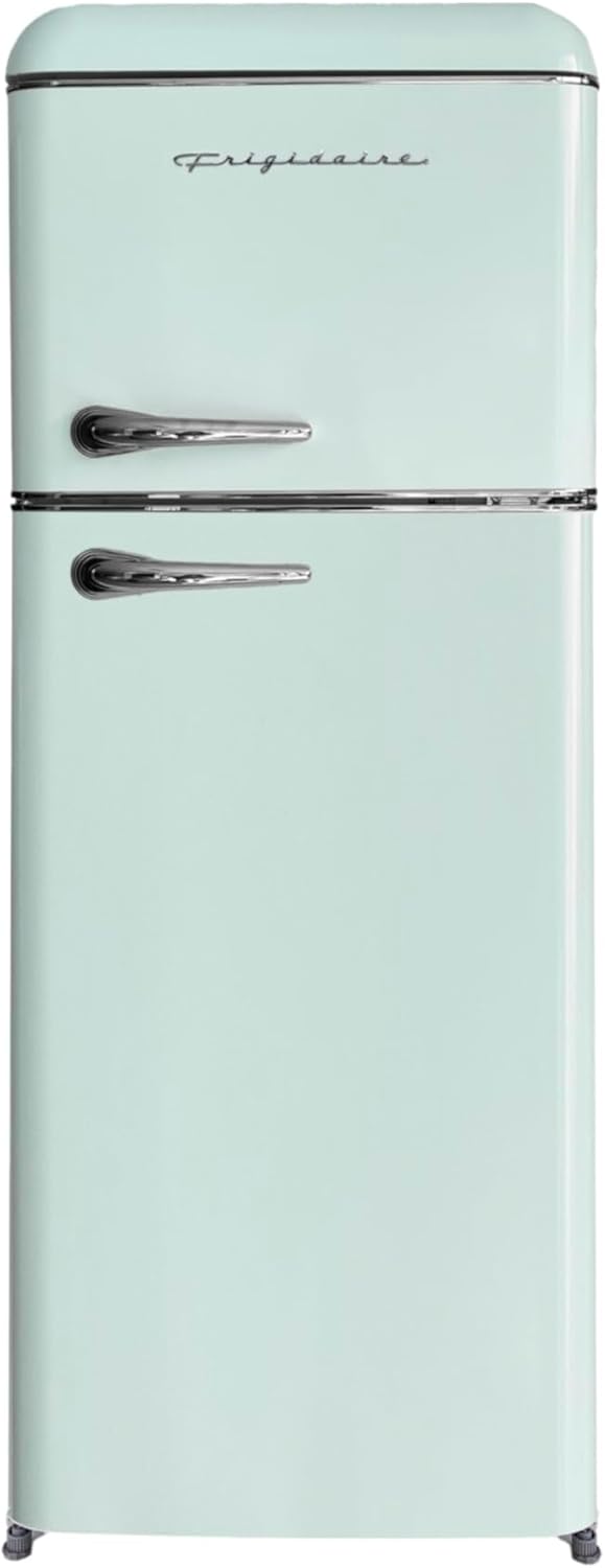 Frigidaire, Refrigerador RETRO de 2 puertas tamaño apartamento con congelador superior, asas cromadas, 7.5 pies cúbicos, VERDE