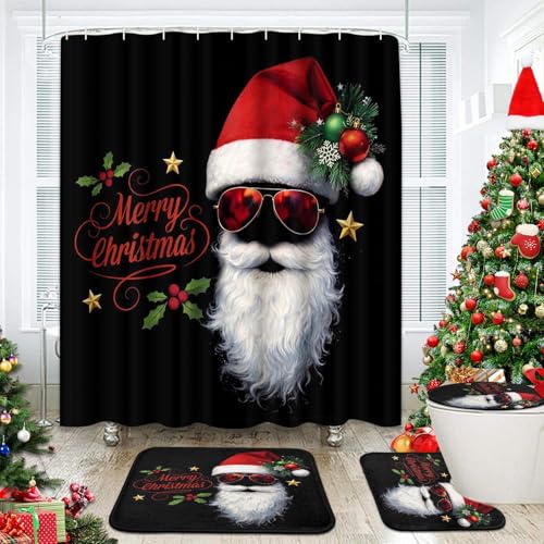 ArtSocket Christmas Bathroom Sets with Shower Curtain and Rugs, Claus Red
