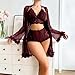 Women's Sexy 3 Piece Pajama Set Lace V Neck Cami Top Lingerie Elastic Waist Shorts and Robe Solid Fashion Nightwear S-XL Wine