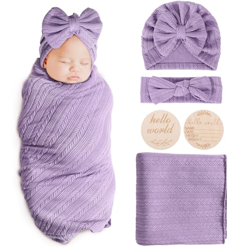 Image of AQOKKA Newborn Receiving Blanket with Bow Hat Headband Wooden Card Set Wheat-Pattern Newborns Toddler Baby Boy Girl Nursery Swaddle Wrap