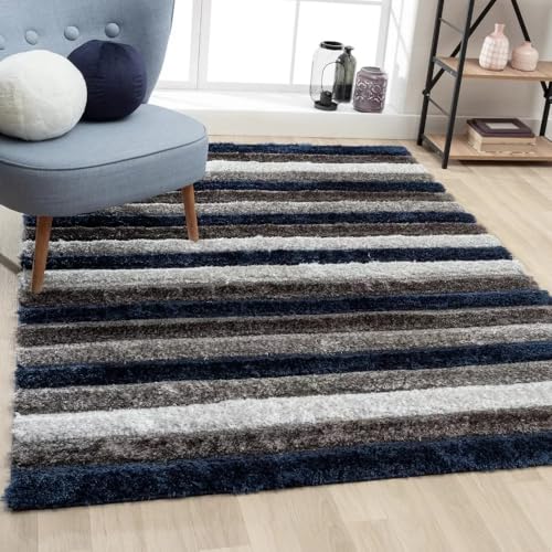 Image of Super Soft Floor Area Rug 6 x 8 Feet Soft Smooth Thick Non-Slip Fluffy Shaggy Carpet for Bedroom, Drawing, Kids Room, Office with Upto 2 Inch Microfiber High Pile (Blue White B)