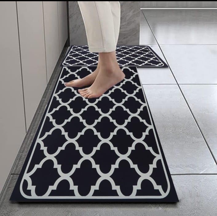 Image of HomeCloud Rubber Rectangular Kitchen Mats For Floor Set Of 2 Pcs | Non-Skid, Soft Absorbent Rugs For Kitchen, Laundry, And Hallway | 120X40Cm, 40X60Cm| 4Mm Thickness (Trap Black)