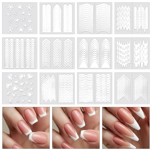 Qianyu 36 hojas 1158 pegatinas de manicura francesa, 17 diseños, autoadhesivas, para decoración de uñas, plantilla