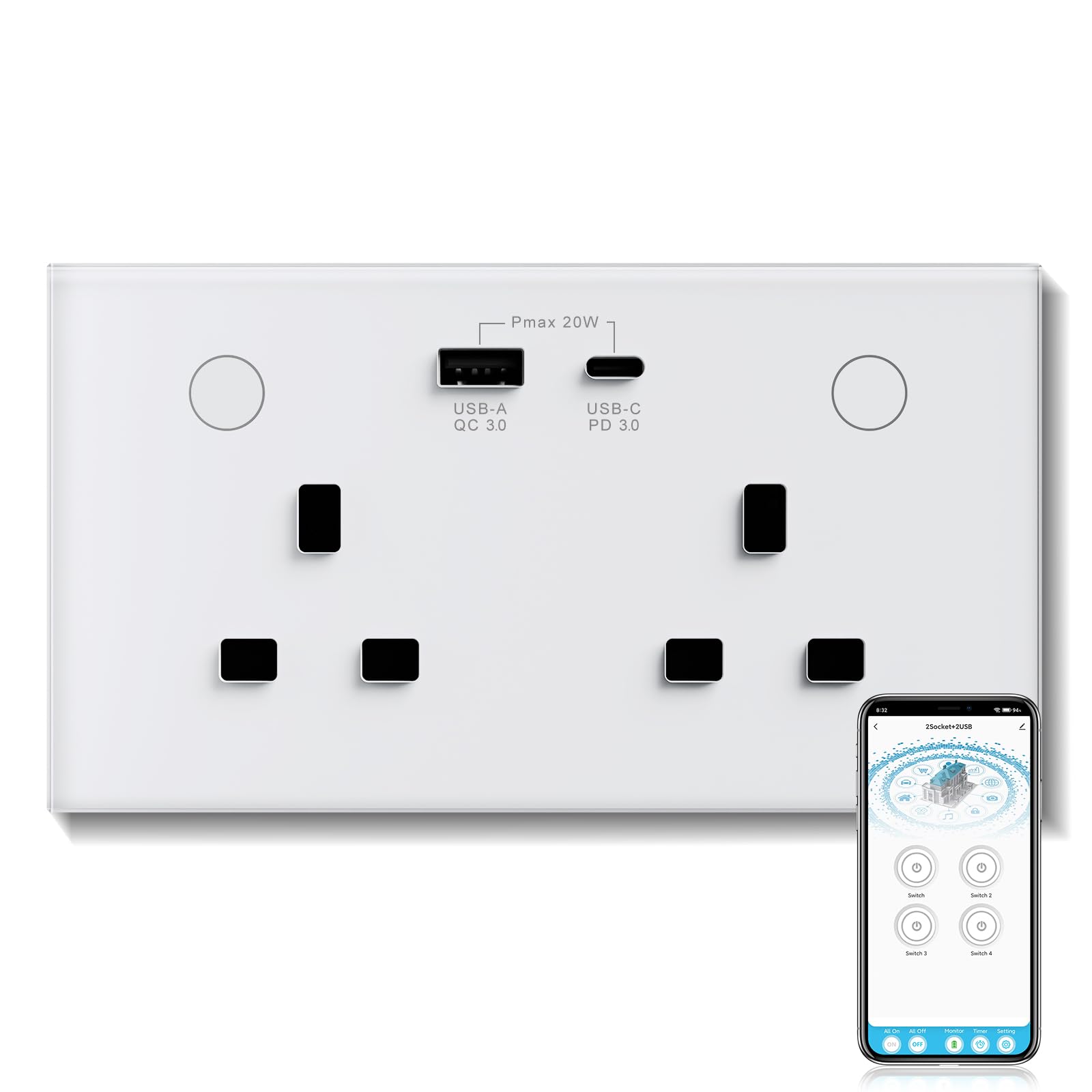 BSEED WiFi Socket 2 Gang with USB and Type C Compatible with Alexa and Google Home, Timer Metered Socket With APP Remote Control Compatible with Smart Life,16A White — image 1