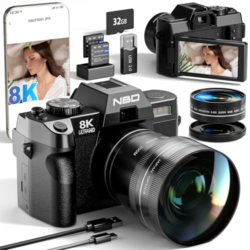 NBD 8K Digital Cameras for Photography 64MP Camara Fotograficas Travel Vlogging Cameras for YouTube with 180Flip Screen 16X Digital Zoom 2 Batteries 32GB TF Card 52mm Macro Lens (Black)