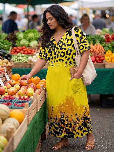Image of Plus Size Maxi Dress for Women Short Sleeve V Neck Casual Loose Sundress with Pockets
