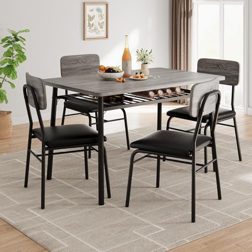 GAOMON Dining Table Set for 4, Wood Kitchen Table with 4 Upholstered Chairs and Built-in Storage Rack, Metal Legs, for Small Spaces, Dining Room, Living Room, Gray