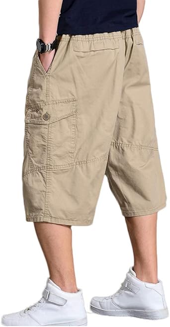 HAORUN Men 3/4 Length Cargo Shorts Plus Size Loose Casual Pockets Short Pants