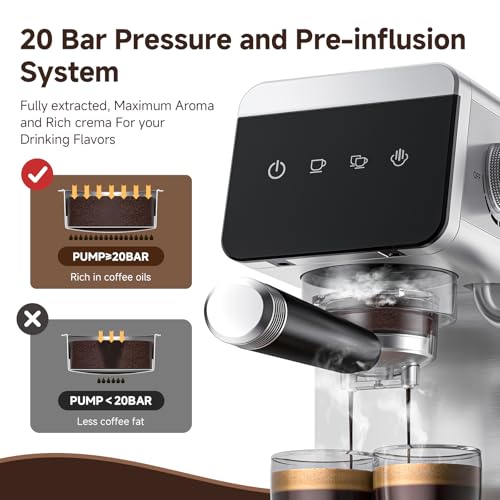 Image of AMZCHEF Espresso Machine 20 Bar, Compact Coffee Maker with LED Touch Screen & Milk Frother, Brushed Stainless Steel Housing Espresso Maker for Home & Office, Coffee Machine for Cappuccino, Latte