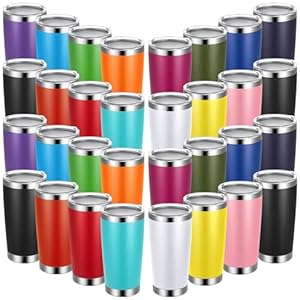 Sabary 50 Pcs 20 oz Stainless Steel Tumbler Bulk with Lids Insulated Vacuum Travel Mug Powder Coated Coffee Mug Stainless Steel Skinny Tumbler Cup for Coffee Beverages Hot Cold Drinks (Bright Color)