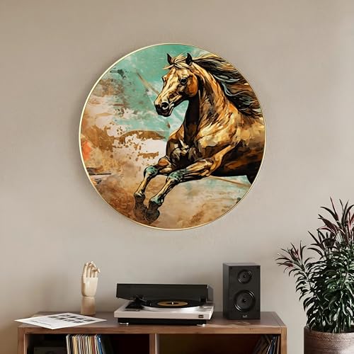 Image of PAINTINGMANTRA Abstract Golden Wild Running Horse Round Large Wall Art Painting for Living Room Decoration, Circular Gold Metal Finish Stylish Large Wall Art Print for Wall Decor (22x22 Inches)