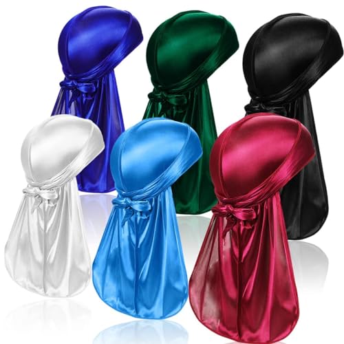 MQLSAERI 6 piezas de seda para hombres Durag, paquete Durags Do Rags con cola larga y correas anchas para hombres y mujeres - 6 colores