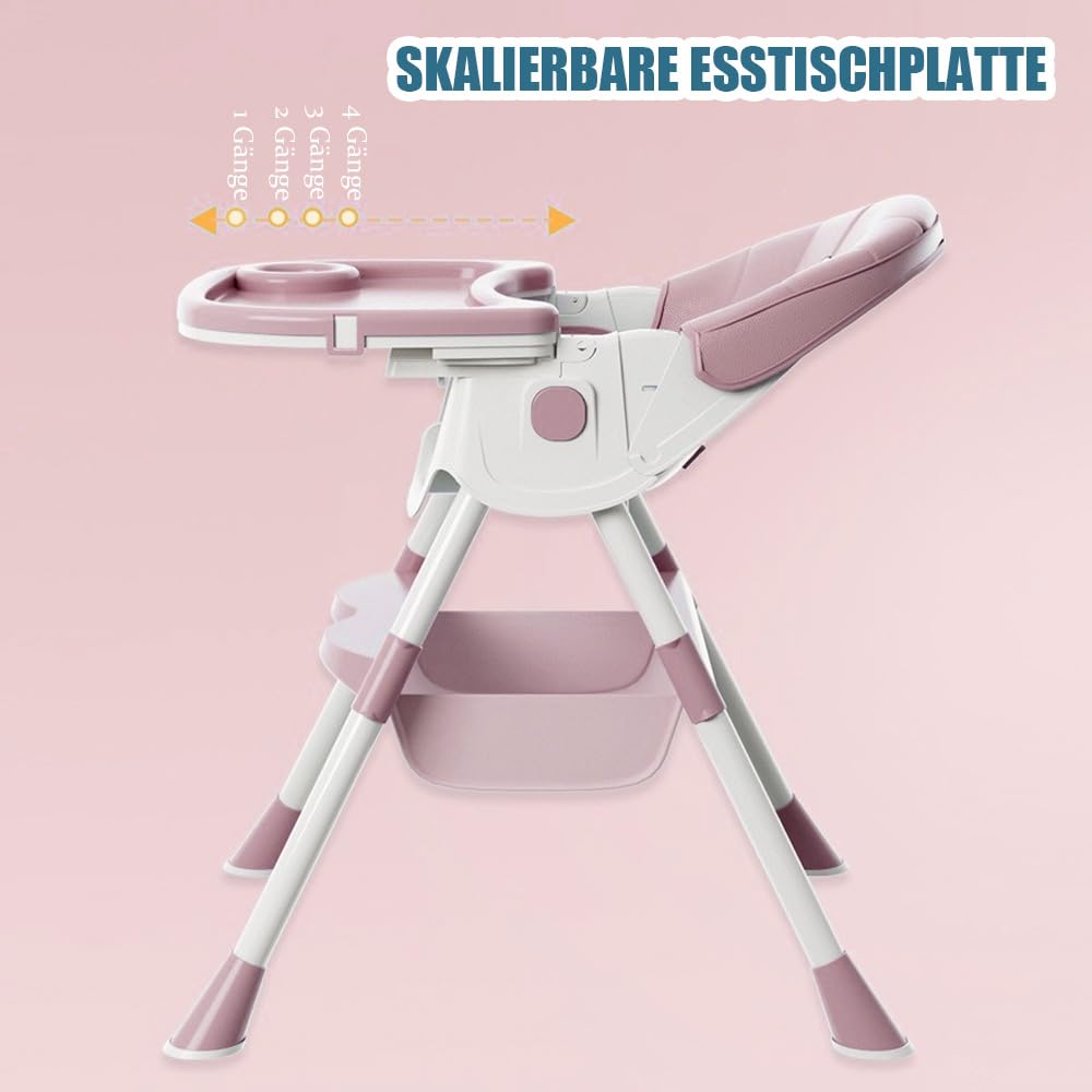 Supfine Seggiolone 3 in 1, regolabile con cintura di sicurezza a 5 punti, tavola da pranzo rimovibile, altezza regolabile 87 cm, pieghevole, per neonati e bambini (rosa, 5 in 1)
