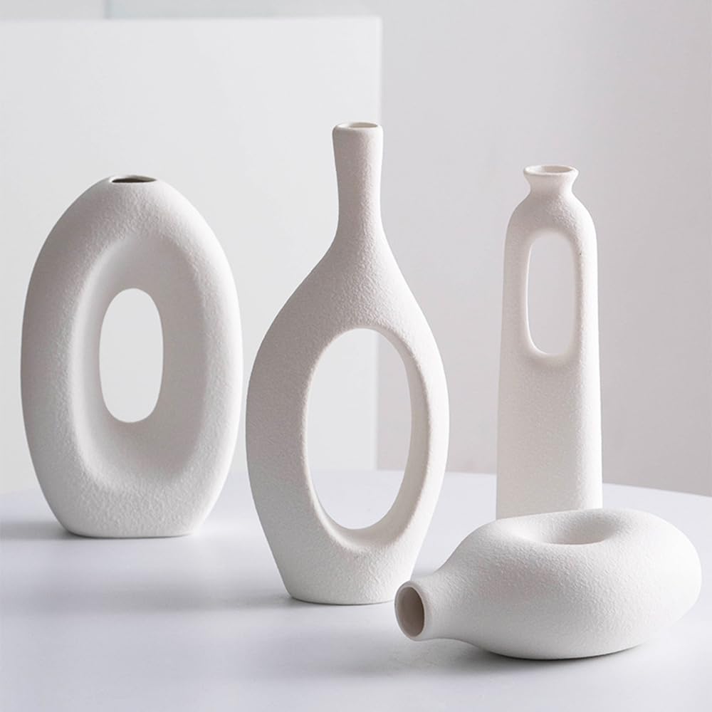 Kreative weiße Keramik Vase Set von 4 Stück, einfache Moderne Wohnkultur Vase für Wohnzimmer, Eingang, Esszimmer, Schlafzimmer