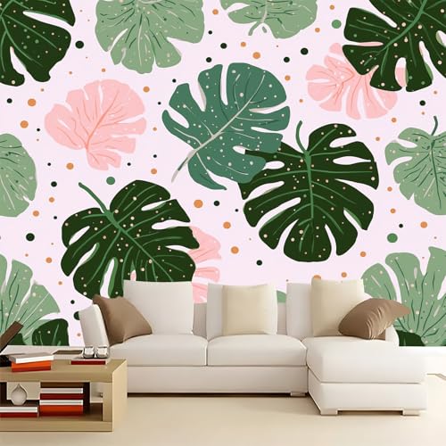 Verde Oliva Papel pintado panorámico no tejido 250 x 175 cm Tamaño personalizado, póster mural gigante 3D, Minimalista Lunares Plantas Hojas De Monstera para sala de estar dormitorio o restaurante
