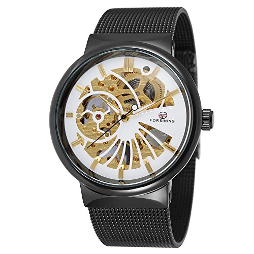 Image of FORSINING Men's Popular Mechanical Hand-Wind Ultra Thin Stainless Steel Bracelet Mesh Skeleton Watch
