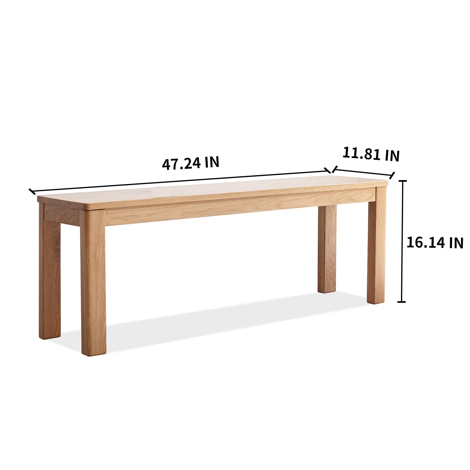 47" Solid Oak Narrow Dining Bench - Natural Finish, for Kitchen & Dining Room, Space-Saving Wooden Seat for Entryway, Bedroom, and Hallway