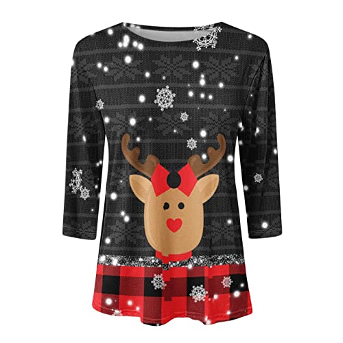 Christmas Womens Fall 3/4 Sleeve T Shirts Casual Top Xmas Fashion Shirt Loose Floral Print Tunic Tees Plus Size Blouses Tops #TOP3