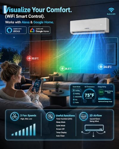 Image of Garvee 12000 BTU Mini Split AC /Heating System, 17 SEER2 Inverter Split System Air Conditioners, Ductless Wall Mount Heat Pump, AC Unit Cool Up to 750 Sq. Ft, Wi-Fi Enabled, Works with Alexa, 230V