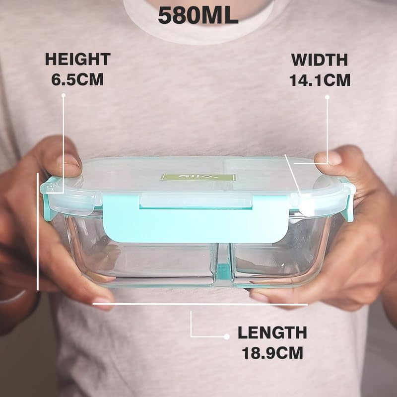 Allo FoodSafe - Lonchera de vidrio con compartimento para alimentos con cierre desmontable sin roturas, apto para horno y microondas, recipiente de vidrio de borosilicato con divisor de división,