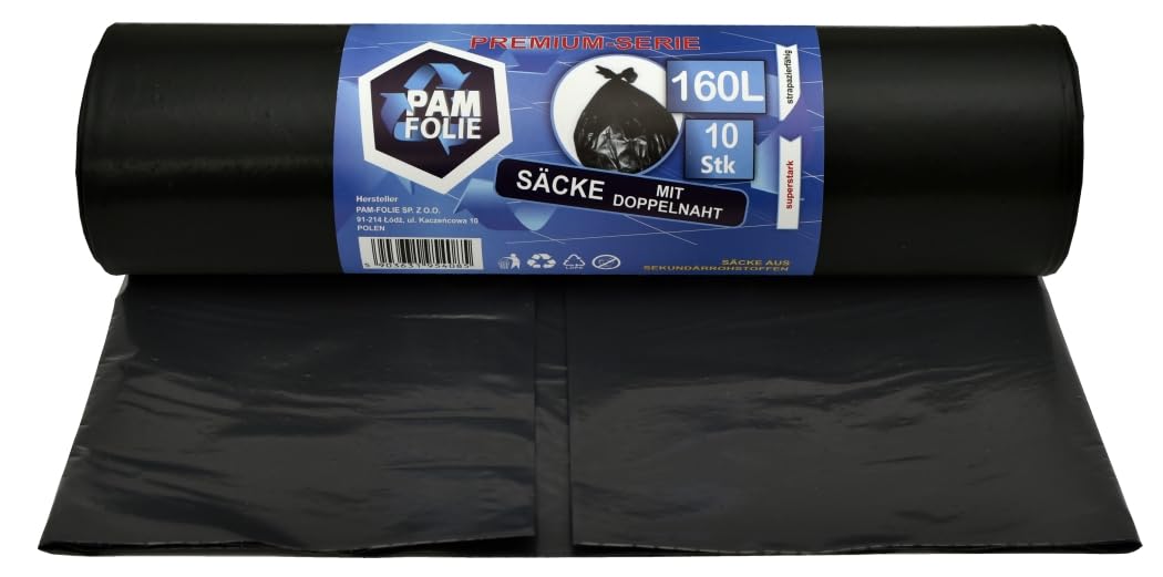 Pam-Folie Black, 160 L/40 Μm Bin Bags 160 L – Pack Of 10 – Thick, Large Waste Bags, Premium – 90 X 110 Cm – – Black Bin Bags – Rubble Bags – Bags For Rubble Waste