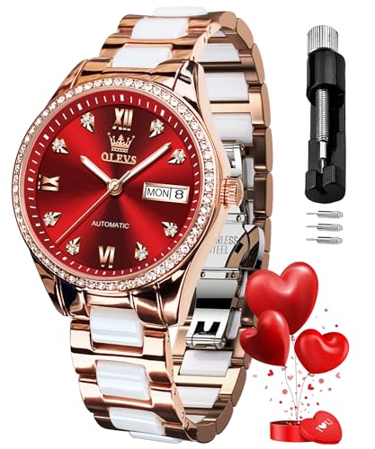 OLEVS Automatic Watches for Women Diamond Fashion Elegant Dress Mechanical Self Winding Date Ladies Wrist Watches Luxury Rose Gold Two Tone Ceramic Watch Waterproof Luminous