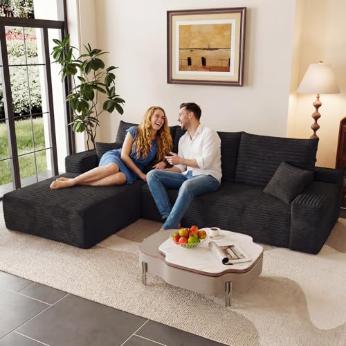 Image of 95 inch Modular Sectional Couch, Boneless L Shaped Cloud Sofa with Chaise Lounge, Corduroy Upholstered Couches Memory Foam Deep Seat, No Assembly Required, Ideal for Living Room(Black, Left Facing)