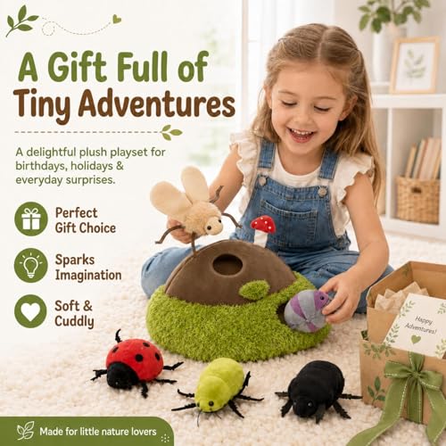 Image of 6Pcs Bug Plush Set, 5 Beetle Stuffed Animals with Dirt Mound,12 inch