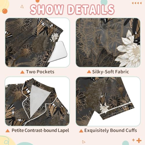 senya Cacti and Butterflies Satin Summer Pajama Sets Silk Short Sleeve Button Down Sleepwear3