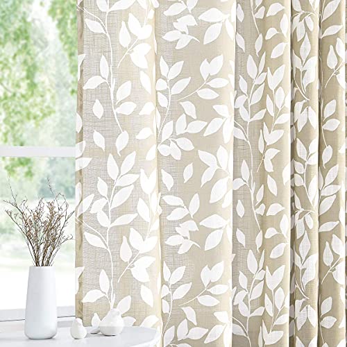 Image of Treatmentex Leaf Semi Sheer Curtains for Bedroom Living Room 72 inch Long with White Leaves Print Curtains for Bedroom Windows 52 inch w, 2 Panels Taupe, Grommet Top