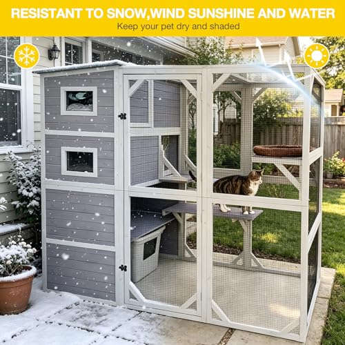 Image of Aivituvin Catio Outdoor Cat Enclosure Feral Cat House Large Kitty Shelter with Run Cat Cage with Platforms 76.8 inch L x 35.8 inch W x 69.3 inch H,Grey