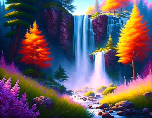 Toile murale artistique paysage de forêt et cascade d'eau vive 50x70