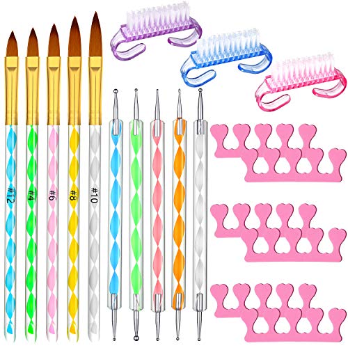 19 Pieces Nail Art Brushes Pens Set, 5 Piece UV Gel Acrylic Nail Drawing Brush, 5 Piece Nail Dotting Pen, 6 Piece Sponge Finger Toe Separator and 3 Piece Handle Grip Nail Cleaning Brush for Nail Salon