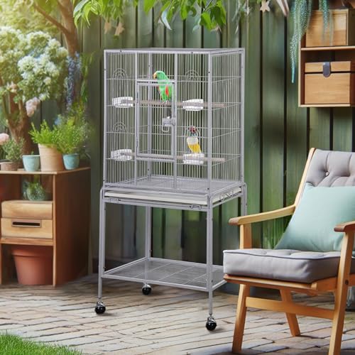 ZENY-53-Inch-Bird-Flight-Cage-Wrought-Iron-Standing-Large-with-Rolling-Stand-for-Cockatiels-Pet-Parrot-Parakeet-Lovebird-Canary-Finch-White