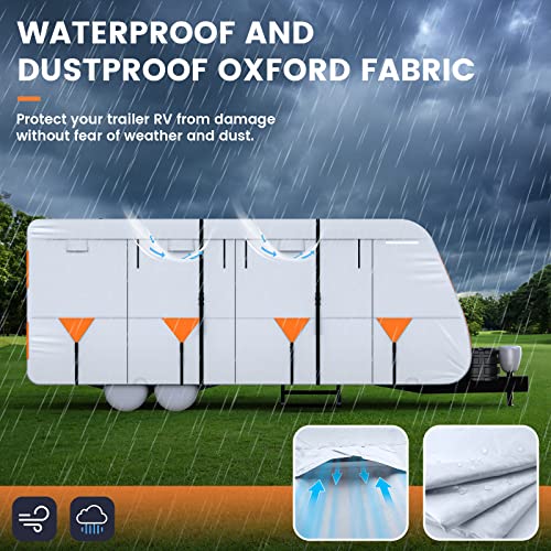 Funomo Travel Trailer Rv Cover, 2022 New Anti-Tear Silver Oxford Fabric Cover, Fits 24'-27' Rv Heavy Duty Anti-Uv Waterproof Camper Cover, With Tongue Jack Cover, Extra Windproof Ropes, Gutter Covers #TOP1