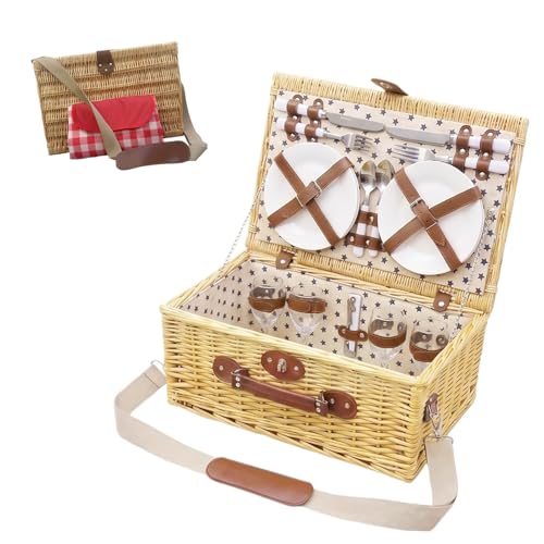 Image of Multifunctional Wicker Picnic Basket Set for 4 Blanket Family Folding Wine Table,Insulated Portable Extra Big Storage Capacity Woven Rattan Canasta De Full Tablewares Camping Outdoor Flowers Star