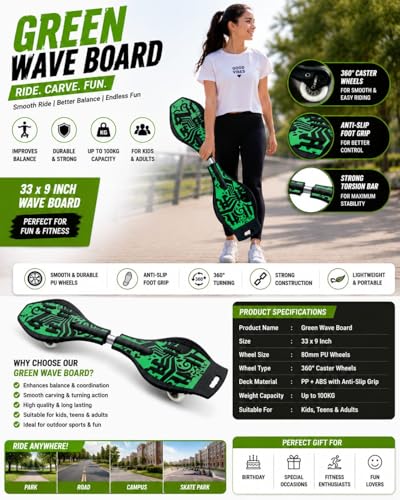Image of Wave Board Caster Board with Carry Bag for Kids and Teens, 33 x 9 Inch Drift Skate Board with Anti-Slip Deck and Smooth Wheels, Supports Up to 100 kg, Green