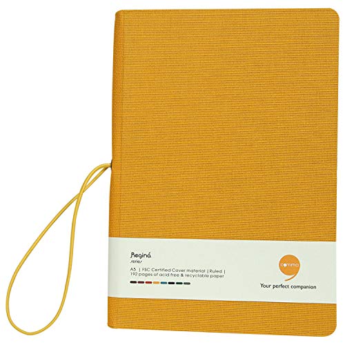 Image of COMMA Regina - A5 Size - Hard Bound Notebook with a Horizontal Elastic Band Closure - 192 Pages - 80gsm Natural Shade Paper - Fabric Cover Material - (Mustard Yellow)