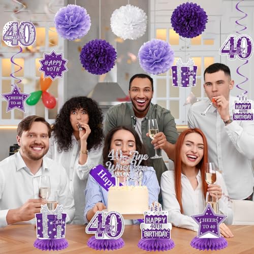 Image of Crenics Purple 40th Birthday Decorations for Women - Back in 1986 Backdrop, Banner, Swirls, Centerpieces, Sash, Paper Pom Poms, Cake Topper and Balloons for 40 Birthday Party Supplies