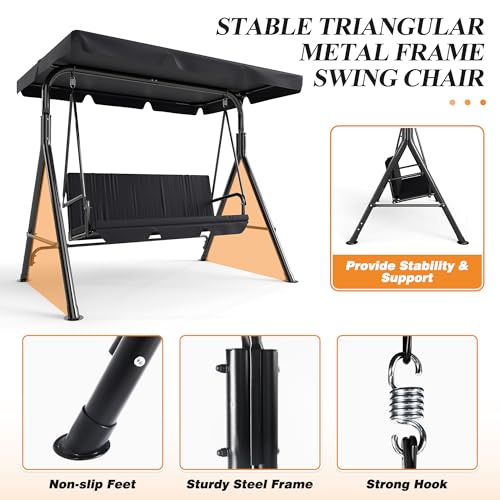 Image of 3-Seat Patio Swing Chair,Outdoor Porch Swing with Adjustable Canopy and Durable Steel Frame for Patio, Garden, Poolside (Black)