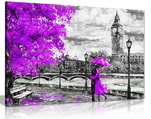 London Oil Painting Artwork Reproduction Big Ben Purple Umbrealla Canvas Wall Art Picture Print Home Decor 61x41 cm (24x16in)