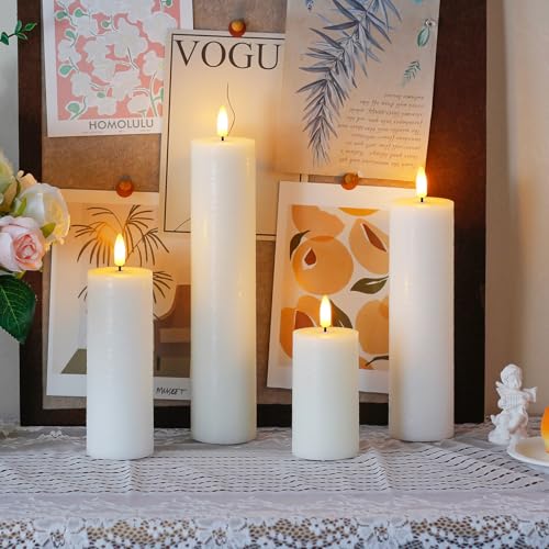 Image of Flickering Flameless Pillar Candles with Remote Control and Cycle Timer,White Pack of 4 Battery Operated(Powered by 2AA) LED Real Wax Tall Fake 3D-Wick Electric Candles(D 2.2 inch x H 4 inch,6 inch,8 inch,10 inch)