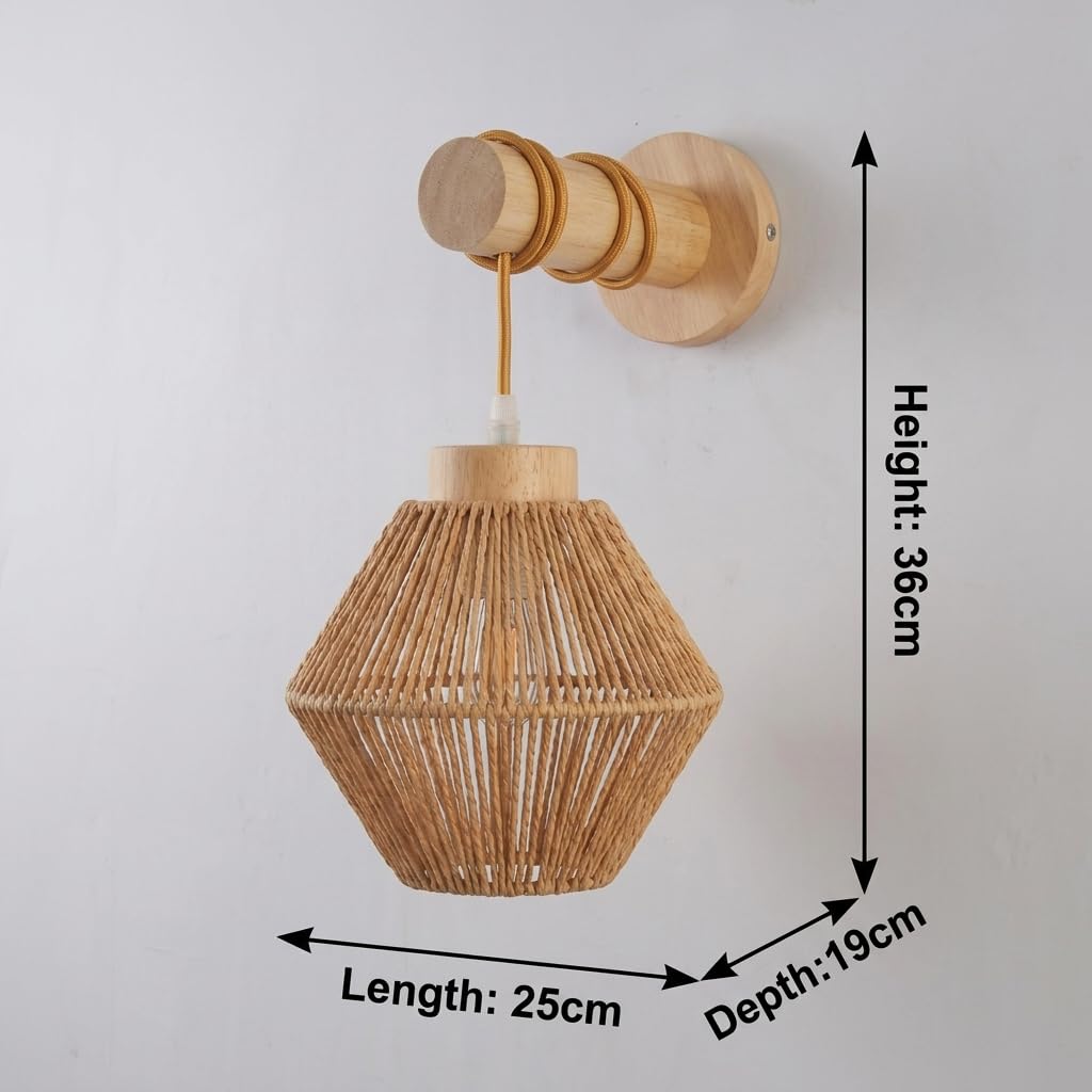 Proudome Jute & Wooden Wall Light | Modern Rustic Decorative Wall Sconce | Hanging Wall Lamp for Living Room, Bedroom, Café, Balcony & Farmhouse Interior Décor (Bulb Not Included) 4