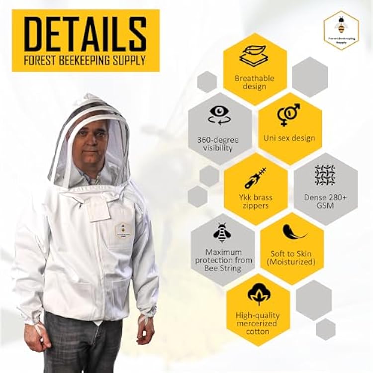 Beekeeping Jacket with Fencing Veil and Gloves, Cotton Bee Jacket for Men and Women, Heavy-Duty Brass Zippers (Small)