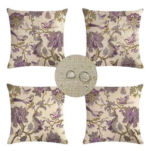 Housse de coussin imperméable 30x30cm coussin canape extérieur violet oiseaux fleur